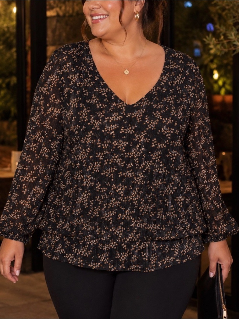 Zac & Rachel- Black Floral Pleated Blouse Size 1X